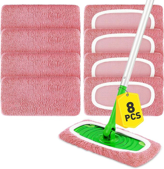 8Pcs Pink Reusable Mop Pads,Microfiber Mop Pads Compatible with Swiffer Sweeper, Dry Sweeping Cloths & Washable Wet Pads Refill for Floor