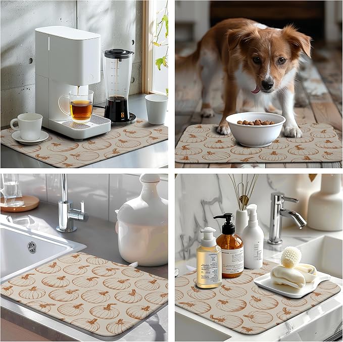 Fall Pumpkin Dish Drying Mat for Kitchen Counter Burnt Orange Autumn Thanksgiving Dish Mat Absorbent Microfiber Kitchen Countertop Protector Dishes Drying Pad Medium Drying Mats 16x18 Inch