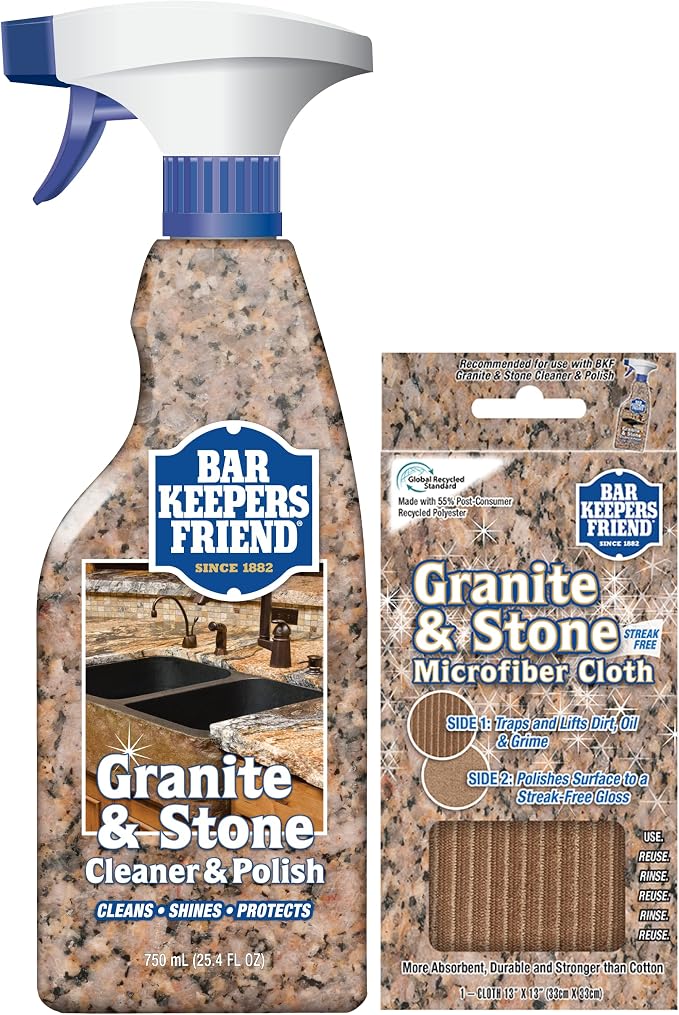 Bar Keepers Friend Stone & Granite Cleaner and Polish (25.4 oz) Plus 1 Microfiber Cloth, 2pc Cleaning Kit, Multi Surface Cleaner for Use on Natural, Manufactured & Polished Stone Countertops