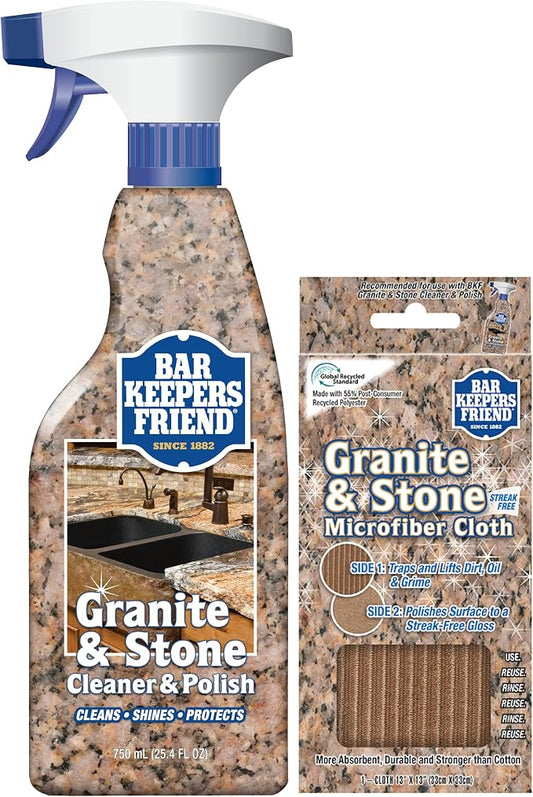 Bar Keepers Friend Stone & Granite Cleaner and Polish (25.4 oz) Plus 1 Microfiber Cloth, 2pc Cleaning Kit, Multi Surface Cleaner for Use on Natural, Manufactured & Polished Stone Countertops