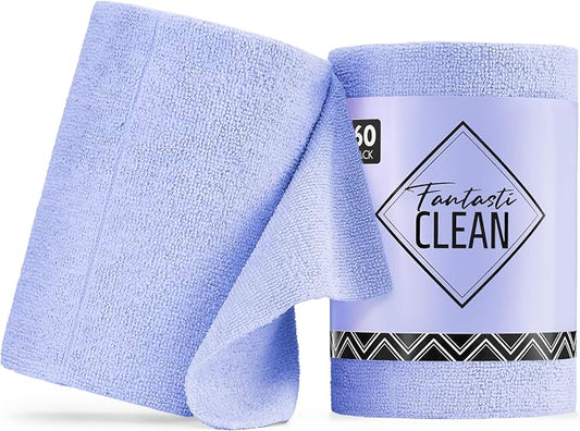 Fantasticlean Microfiber Cleaning Cloth Roll -60 Pack, Tear Away Paperless Towels, 8" x 8", Reusable Washable Rags, for House Kitchen, Pet, Office, Indoor Outdoor, Compact and Portable (Light-Purple)