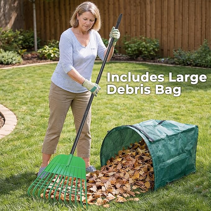 Gardzen 67 Inch Leaf Rake Set for Leaves and Lawn Cleanup | 12 Tines, 17-inch Plastic Rake Head, 50–67 Inch Adjustable Metal Handle, Includes Leaf Bag and Gloves