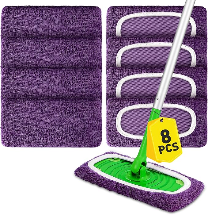Microfiber Mop Pads,8Pcs Purple Reusable Mop Pads Compatible with Swiffer Sweeper,Dry Flat mop Cover & Washable Wet Pads Refill for Floor Cleaning