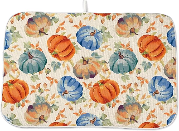 Fall Dish Drying Mat 18x24 Inch Burnt Orange Blue Green Pumpkin Leaves Drying Mat Autumn Harvest Thanksgiving Holiday Absorbent Dish Drying Pad Dish Rack Drainer Mats for Kitchen Dining Counter