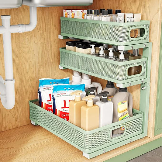Kitstorack Under Sink Organizer, 1-Pack 3-Tier Height Adjustable Thickened Metal Pull out Cabinet Organizer Shelf, Slide out Storage Drawer Rack for Bathroom Kitchen Pantry Home Organization, Green