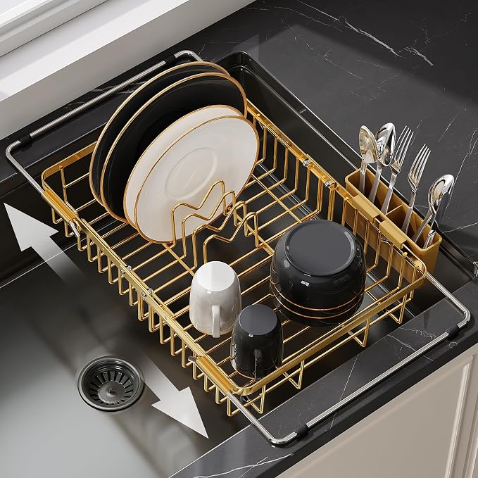 JASIWAY Expandable Stainless Steel Gold Dish Drying Rack Over The Sink for Small Kitchen, Counter Space Saving Compact Plate Drainer Strainer, Adjustable Hanging Metal Dish Dryer with Utensil Holder