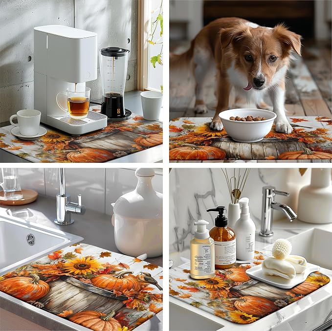 Fall Dish Drying Mat for Kitchen Counter Pumpkin Sunflower Maple Leaf Birds Drying Mats Autumn Thanksgiving Harvest Dish Drainer Mat Absorbent Microfiber Dishes Pad Large 18x24 Inch