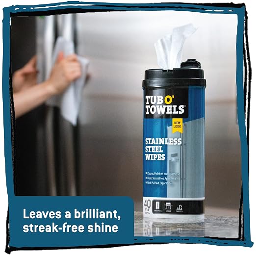 Tub O' Towels Heavy Duty Stainless Steel Cleaner Wipes – 40 Count Cleaning Wipes with 12 x 12 Microfiber Cloth for Appliances, Metal & Kitchen Surfaces