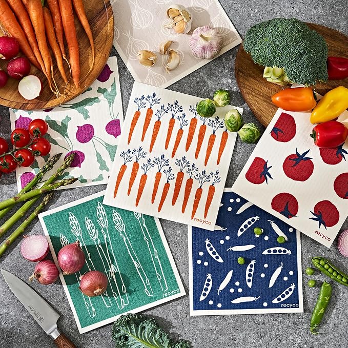 RECYCO Swedish Dishcloths for Kitchen | 6 Packs Veggie Melody Washable Dish Rags | Cellulose Reusable Cleaning Paper Towels | Absorbent Counter Dish Cloth Sponge Kitchen Wipes, 8" L x 7" W