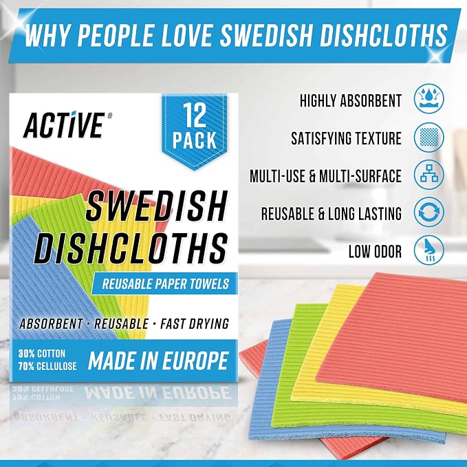 ACTIVE Swedish Dish Cloths for Kitchen 12 Pack Cellulose Sponge Cloth, Washable Dishcloths for Washing Dishes, Original European Dish Towels, Absorbent Reusable Paper Towels - Multicolor Assorted