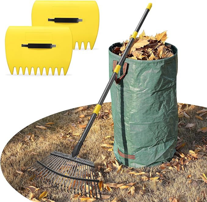 Leaf Rake 18” Wide Heavy Duty Metal 25 Tines Garden Rake Set with 30-90” Adjustable Long Handle for Yard Grass Shrub Mulch Including 32Gallon Garden Bag Leaf Scoops