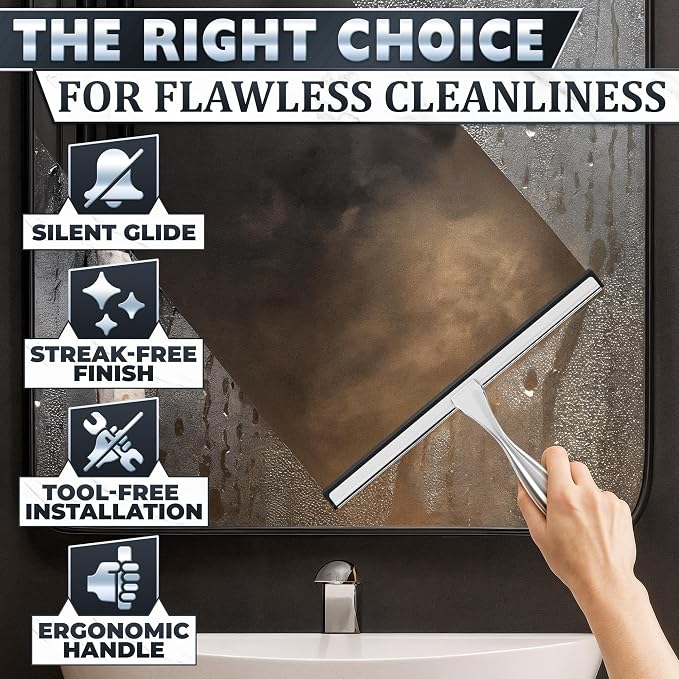 Shower Door Squeegee with Hook, 12" Silicone Blade, Steel (Silver) | Squeegee for Shower Glass with Adhesive Mount; All-Purpose Bathroom Tile, Mirror, & Window Wiper for Streak-Free Cleaning
