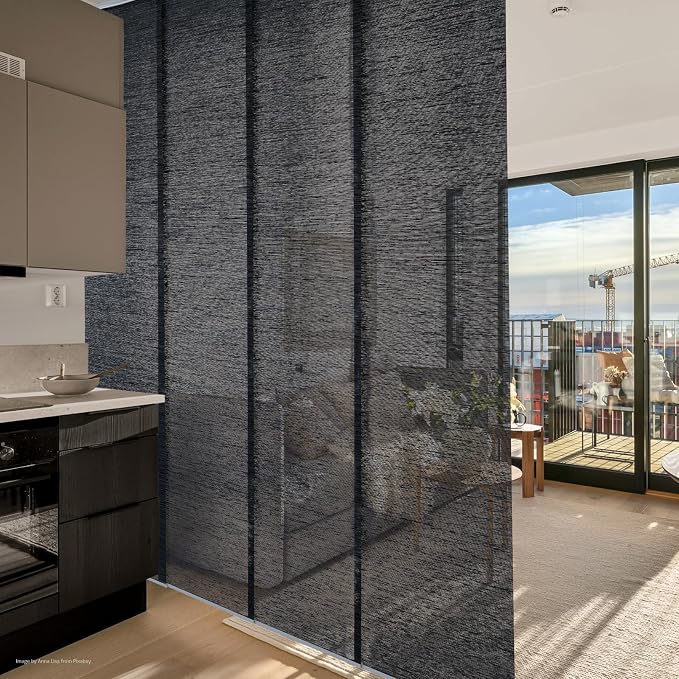 Replacement Fabric Panels for Sliding Glass Door (4-Pack, 23"x96"), Fabric Only, Natural Woven Blind Slats, Trimmable, Sheer, Track & Bottom Rail Not Included,Charcoal Black