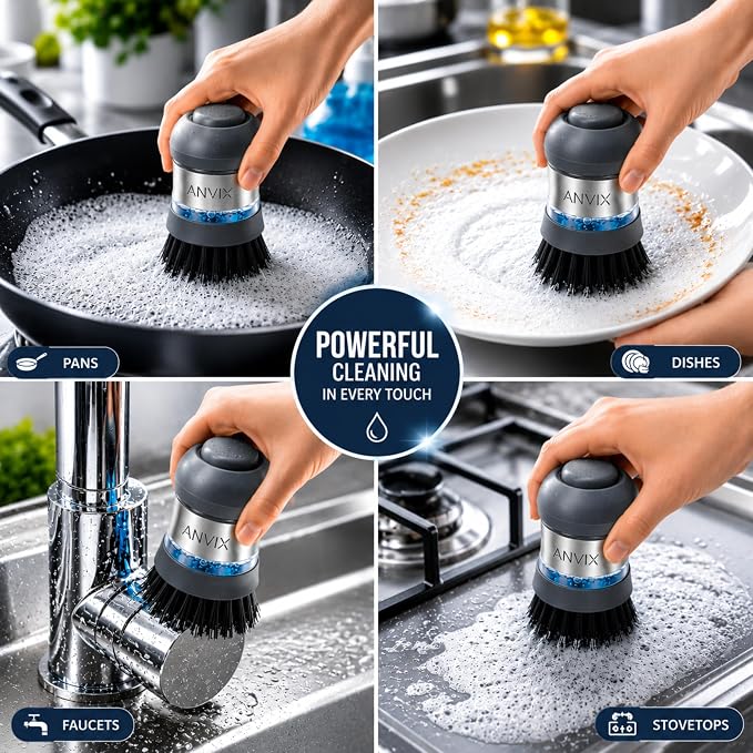 Soap Dispensing Palm Brush 2 Pack, Dish Scrubber with Built in Soap Dispenser, Stainless Steel Body, Replaceable Brush Head, Non Scratch Nylon Bristles for Dishes, Pots, Pans, Nonstick Cookware