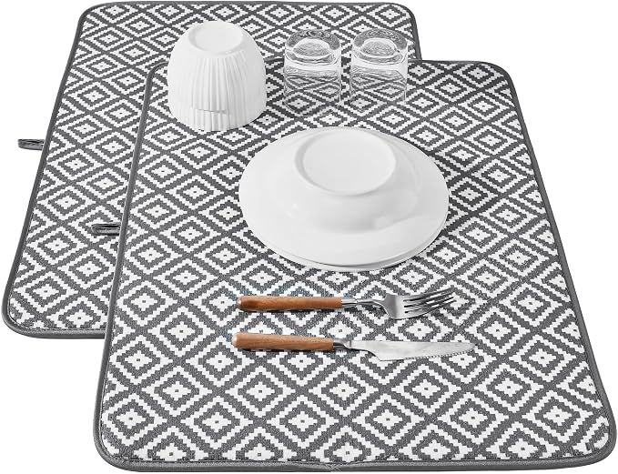 Subekyu 2 Pack Dish Drying Mat, 24*18 inch Ultra Absorbent Microfiber Dishes Drainer Mats for Kitchen Counter, Large Size Dish Drying Pad with Rhombus patterns
