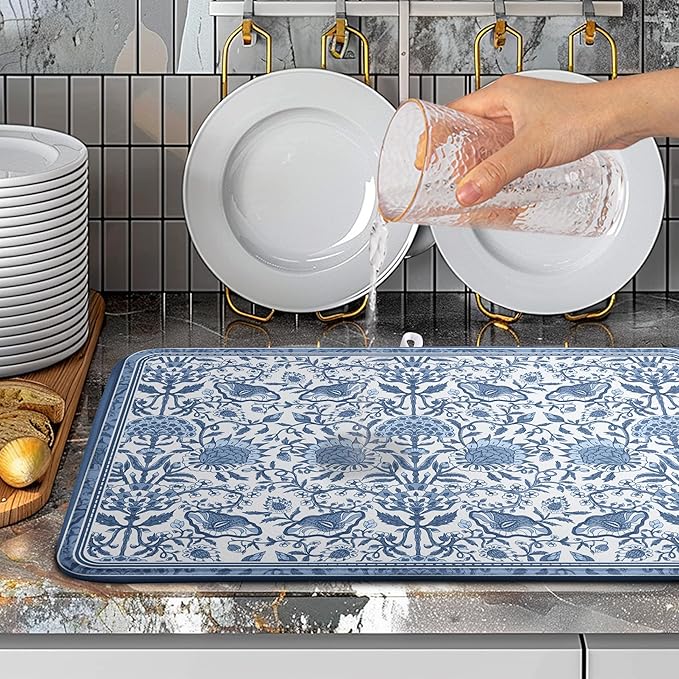 Blue Floral Dish Drying Mat for Kitchen Counter Boho Flowers Dishes Drainer Mats Rustic Farmhouse Microfiber Absorbent Dish Draining Spring Summer Reversible Dish Rack Pad Large 18x24 Inch