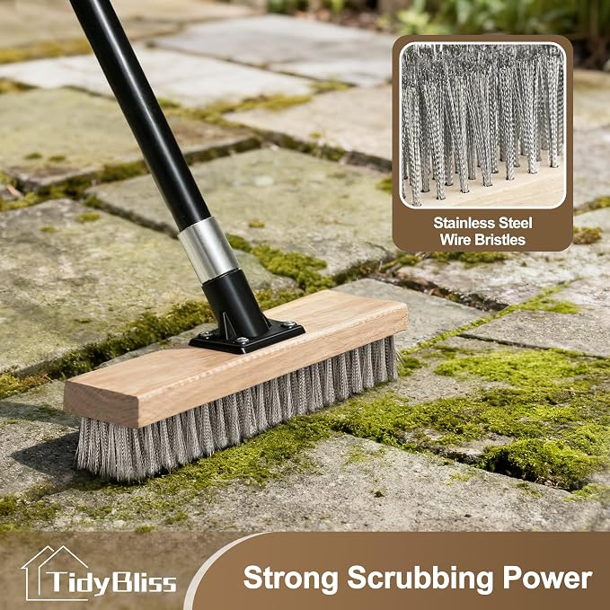 TidyBliss Stainless Steel Wire Scrub Brush with Long Handle, Heavy Duty Stiff Metal Broom Scrubber, Outdoor Moss Removal for Concrete Floor, Deck, Garden, Patio, Roof, Brick, Garage, Swimming Pool