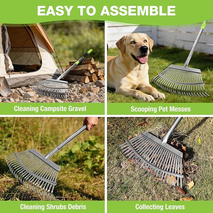 WORKPRO Rakes, Small Leaf Rake with 73” Adjustable Long Handle | Narrow Metal Garden Rake with 25 Steel Tines, Heavy Duty Rust-Resistant Lawn Rakes for Yard, Flower Beds & Tight Spaces