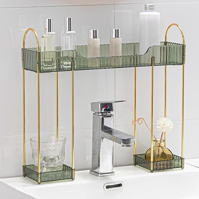 YCIA&DONE Bathroom Countertop Organizer Over The Faucet, Narrow Counter Organizers Above Sink, Table Mounted Faucet Sink Shelf for Kitchen, Toilet, Laundry(Vintage Green)