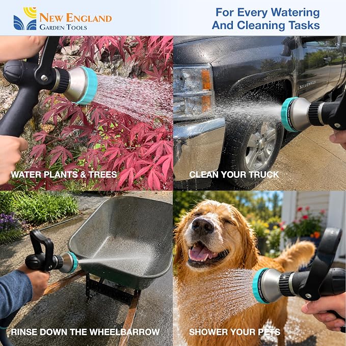 Heavy Duty Metal Fireman’s Hose Nozzle 500003, 10-Pattern Hose Sprayer with Lever Control & Comfort Grip, High Flow Design, by New England Garden Tools, for Watering Plants, Yards, Washing Cars & Pets