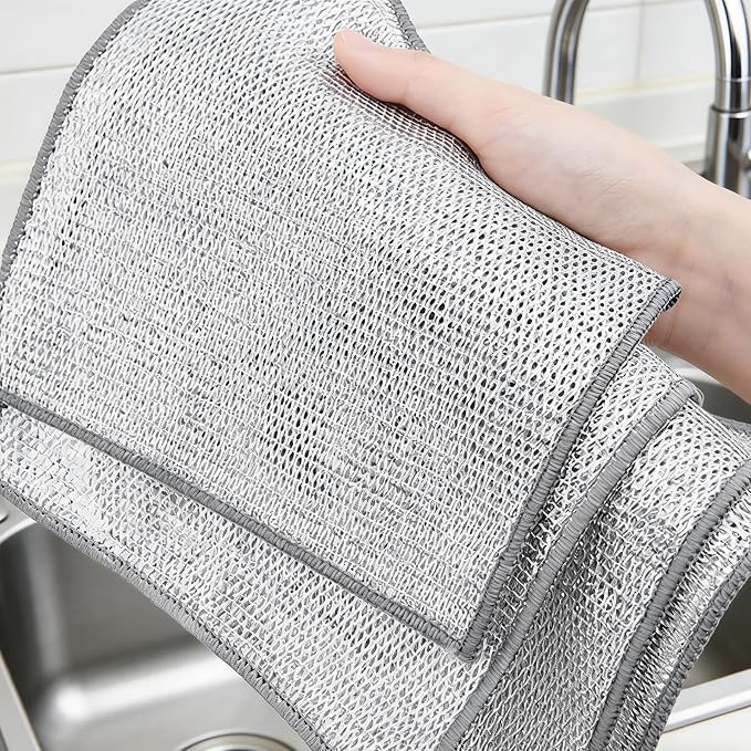 Stainless Steel Wire Scrubber Sponges, 10 Pack Non-Scratch Heavy Duty Cleaning Cloths, Multi-Purpose Metal Mesh Dish Rags for Kitchen, Dishes, Pots, Pans, Sink, 7.87 x 7.87 Inch (10)
