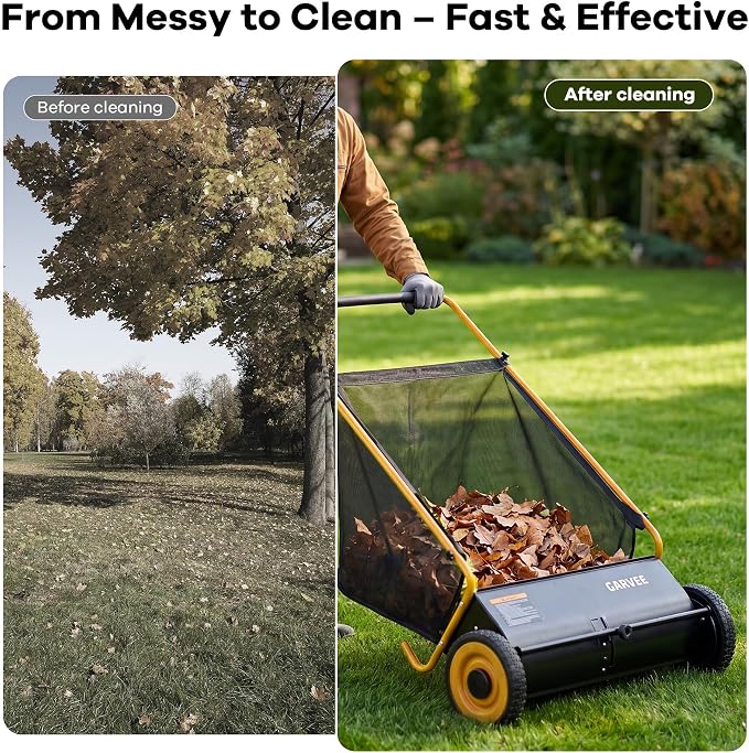26-Inch Push Lawn Sweeper, Heavy Duty Leaf Sweeper with 4 Brushes & 7Cu.ft Bag, Adjustable Height Steel Frame Leaf,Manual Yard Sweeper for Collector for Yard, Lawn, Garden, Patio