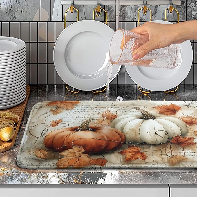 Fall Dish Drying Mat for Kitchen Counter Autumn Thanksgiving Orange White Pumpkin Drying Mats Vintage Maple Leaves Holiday Dish Draining Mat Microfiber Absorbent Dish Rack Pad 18x24 Inch