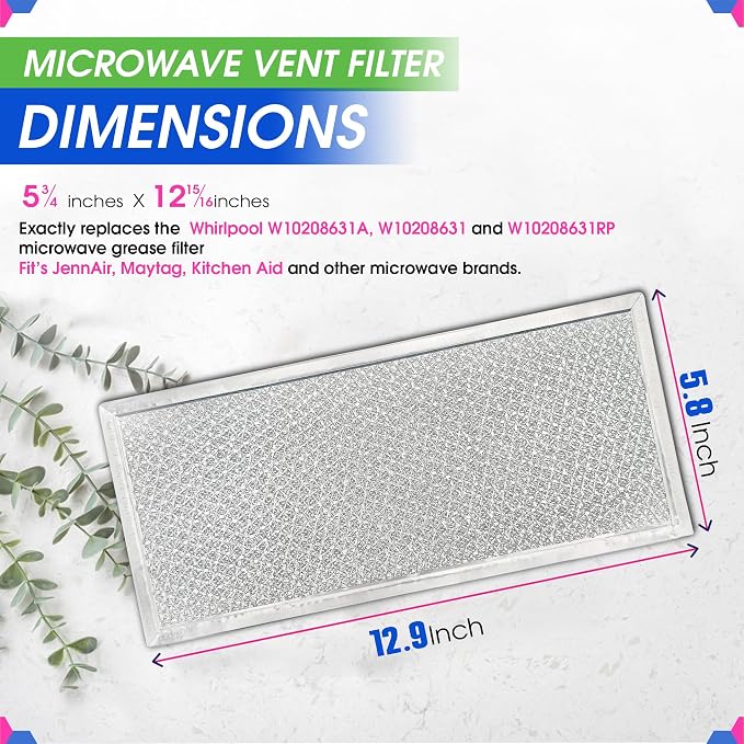Microwave Filter Replacement 5.78" x 12.91" Fits W10208631A Whirlpool Microwave Grease Filter - Aluminum Mesh Screen Filters - Freshens and Filters Kitchen Air in Over the Stove Oven Vent Fan (4-Pack)