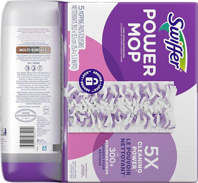 Swiffer Power Mop Refill Pack, Floor Cleaner for Mopping Tile, Vinyl, Laminate, Wood in Home, Bathroom, Kitchen, All Purpose Multi-Surface Cleaning, 5 Pads + 1 Lavender Solution, Pack of 4