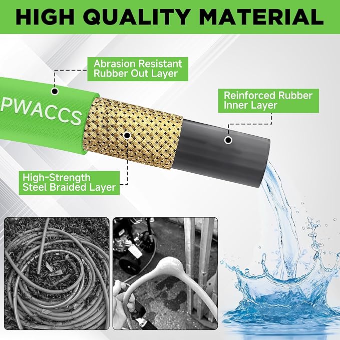 PWACCS Pressure Washer Hose 50 FT, 1/4" ID Steel Braided Power Washer Hose | Kink Resistant, 3/8" Quick Connect Fittings, 4000 PSI, High Pressure Extension Hose