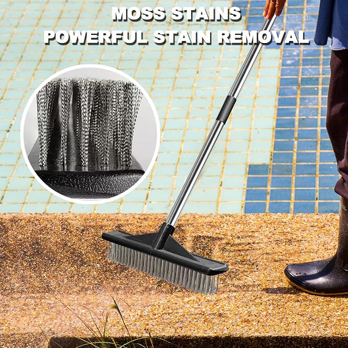 Heavy Duty Floor Scrub Brush Stainless Steel Wire Floor Scrubber with Long Handle Stiff Bristles Outdoor Push Broom for Cleaning Deck,Concrete,Patio,Boat,Moss Removal