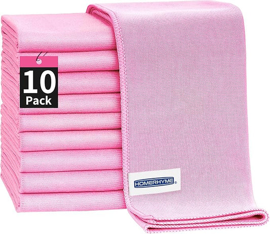 Microfiber Cleaning Cloth - 10 Pack Glasses Cleaning Cloth, 16" x 14" Window Cleaning Rags, Streak Free Lint Free Polishing Cloths Wipes for Eye Glass, Stainless Steel, Windshield, Pink