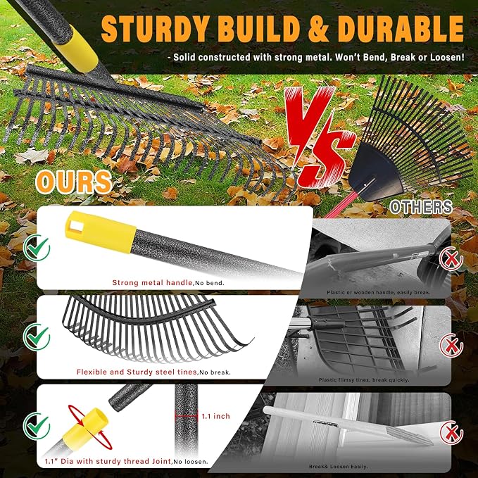 25-Tine Metal Leaf Rake Set with Adjustable Handle, 32-Gallon Bag & Leaf Scoops for Effortless Yard Cleanup, Heavy Duty Sturdy Garden Rake for Lawns, Backyard, Fall & Spring Cleaning 6FT