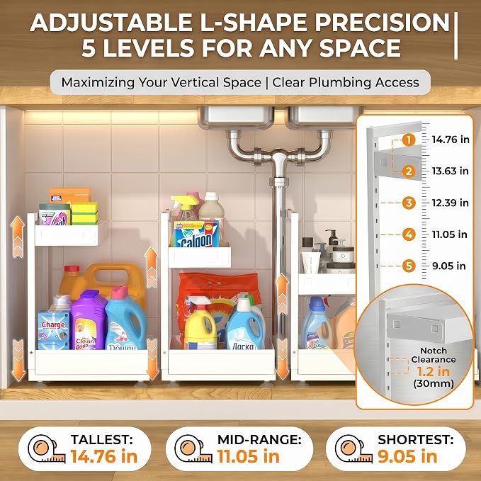 Under Sink Organizer, Bathroom Counter Organizer, 2 Packs 2-Tier Metal, Under Cabinet Storage, Makeup Storage, Adjustable Height & Slide-Out Drawer for Kitchen Bathroom, White