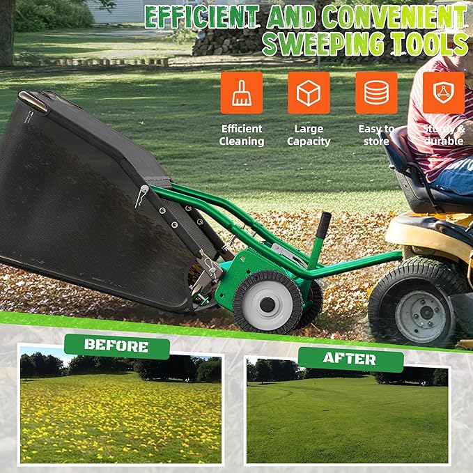 42" Lawn Sweeper Tow Behind, Pull Behind Lawn Sweeper with 18.55 cu. ft Large Hopper, Heavy Duty Leaf & Grass Collector, Adjustable Brush Height Lever and Dumping Rope, Lawn and Yard Cleanup Tool
