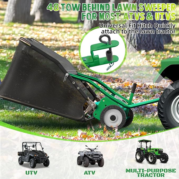 48" Lawn Sweeper Tow Behind, Pull Behind Lawn Sweeper with 25.16 cu. ft Large Hopper, Heavy Duty Leaf & Grass Collector, Adjustable Brush Height Lever and Dumping Rope, Lawn and Yard Cleanup Tool