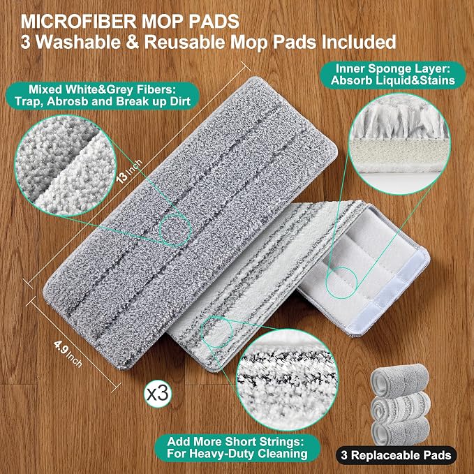 JOYMOOP Flat Mop System, Microfiber Mop and Bucket Set, White, Household & Commercial Floor Cleaning Mop with Long Handle, Includes 3 Microfiber Pads