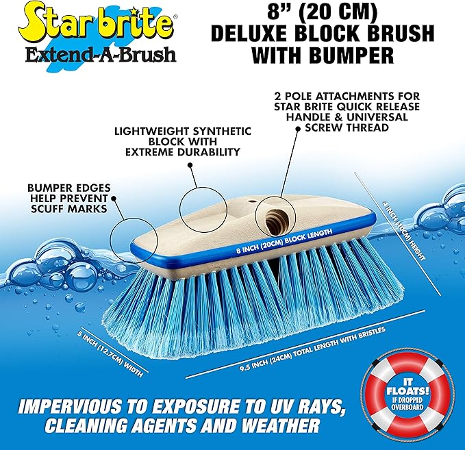 STAR BRITE Premium Medium Wash 8" Brush Head W/Bumper - Dual Connections Fit Either Standard 3/4" Threaded Poles or Extend-A-Brush Handles (Medium) (Blue) (040162) (Pack of 6)