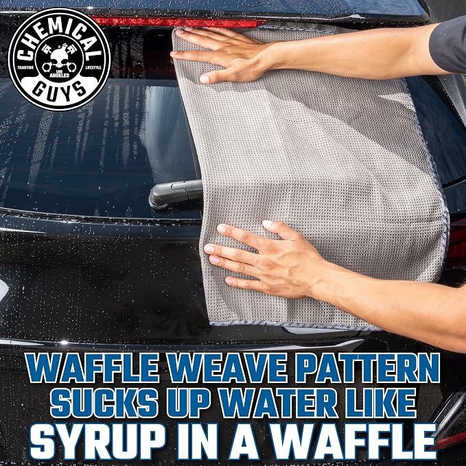 Chemical Guys, Waffle Weave Gray Matter Microfiber Drying Towel, 25 x 36 in | Waffle-weave towel with soft-banded edges soaks up sheeting water for a fast, scratch-free dry on paint and glass.