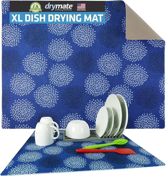 Drymate Jumbo XL Dish Drying Mat (19”x24”), Low-Profile, Super Absorbent, Quick Dry Fabric, Waterproof & Slip-Resistant, for Kitchen Counter, Trimmable, Easy to Clean (USA Made)(GoodBlue)
