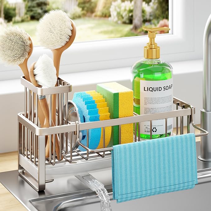 HapiRm Sponge Holder for Kitchen Sink - Self-draining Sink Caddy with Brush Holder and Dishcloth Holder, Stainless Steel Kitchen Organizer for Countertop - Brushed Nickel