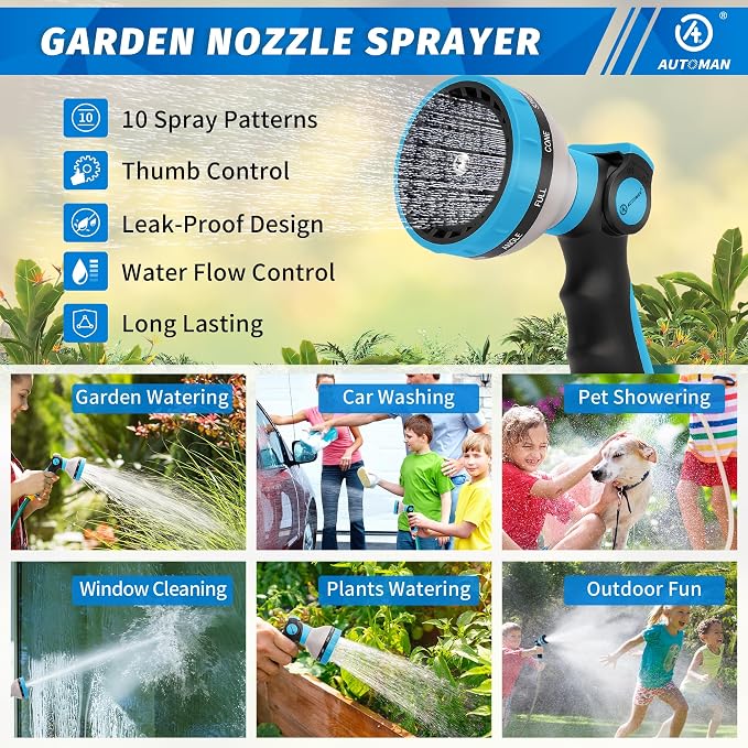 AUTOMAN Garden Hose Nozzle Sprayer - 10 Spray Patterns, 2 Pack Thumb Control Water Hose Nozzle Outdoor, Heavy Duty Spray Nozzles for Watering Garden, Cleaning Window, Washing Car, Showering Pets