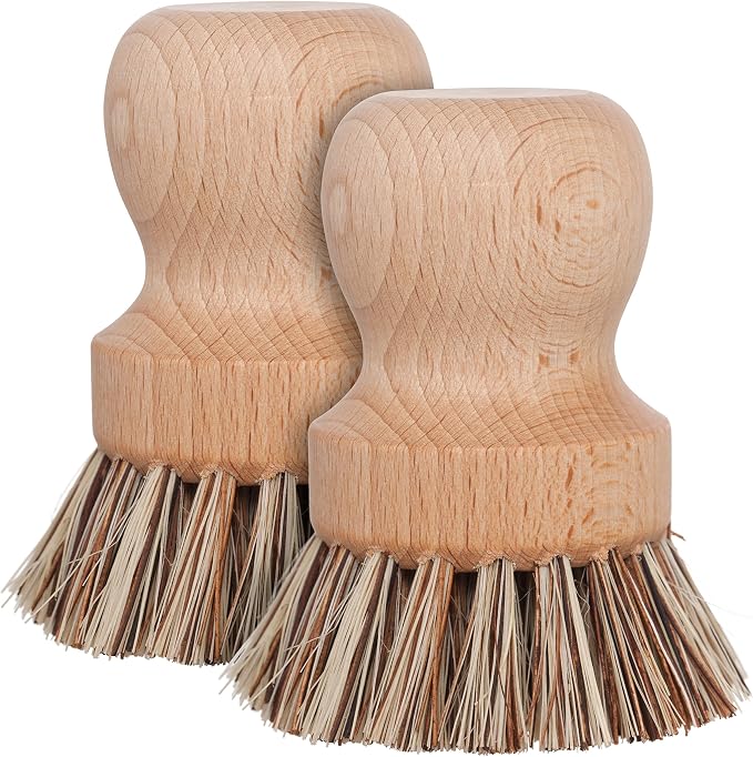 Redecker Pot Brush, Union Fiber, 2-Pack Heavy Duty Scrub Brushes for Pots, Cast Iron & Baked-On Residue, Beechwood, 2.6-Inch Round, Made in Germany