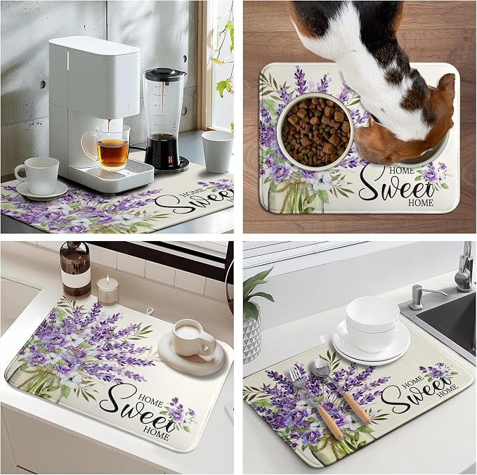 Spring Lavender Floral Dish Drying Mats Spring Summer Dish Mat Purple Flowers Butterfly Drying Matt Dishes Dryer Pad for Kitchen Counter Absorbent Microfiber Washable Foldable Reusable 18x24 in