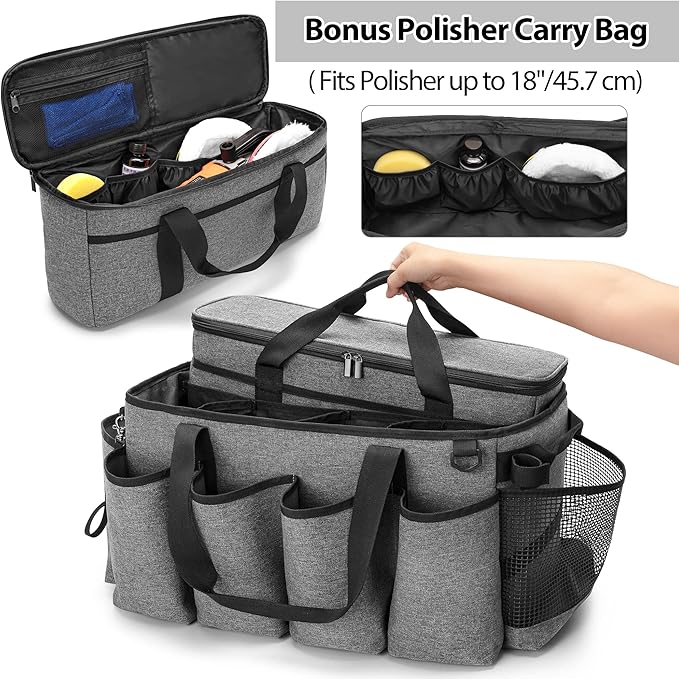 HODRANT Detailing Bag with Polisher Carry Bag for Buffer Bottle Towel | Large Detail Care Box for Auto Detailing Supplies, Car Wash Caddy & Trunk Organizer for Cleaning Kit, Gray, Patent Design