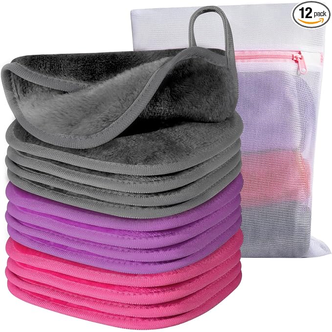 Makeup Remover Cloth, 6" x 6" Make Up Towels Reusable Face Cloth for Washing Face, Makeup Remover Pads Microfiber Face Washcloth with Mesh Bag, Just Water, Eco-friendly, 12 PACK