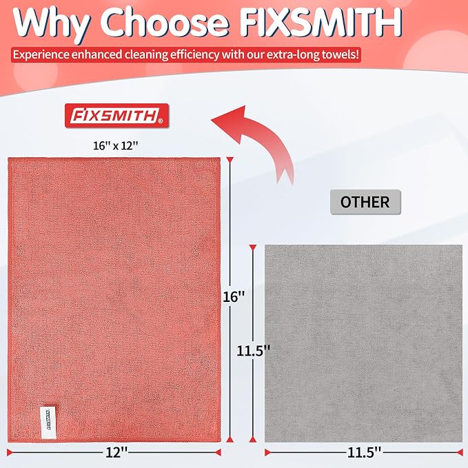 FIXSMITH Red Microfiber Cleaning Cloth -Pack of 12, Highly Absorbent Cleaning Rags, 16"X12" All Purpose Cleaning Towels for Housekeeping, Kitchen, Car, Lint Free and Reusable Microfiber Towels