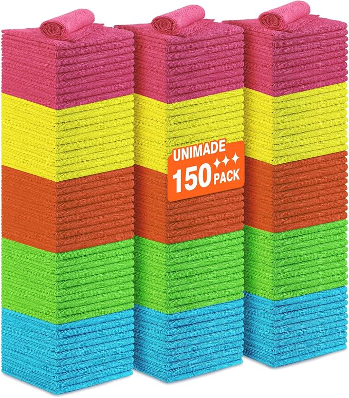 UNIMADE Microfiber Cleaning Cloth, 150PK Reusable Shop Rags Bulk Microfiber Cleansing Cloth Lint Free Cleaning-Towel for Car Kitchen Automotive Bar Mechanic Restaurant Garage,11.5"x11.5",Multicolor