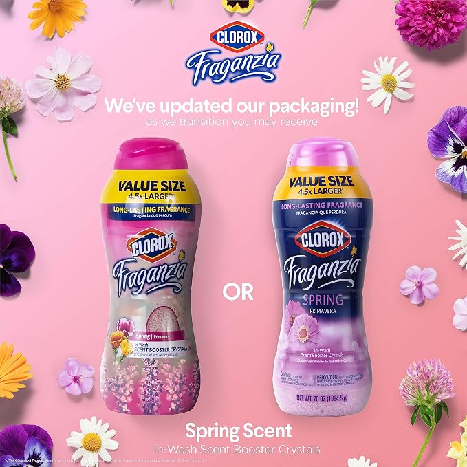 Clorox Fraganzia Laundry Scent Booster Crystals, In-Wash Fragrance Beads for Fresh-Smelling Clothes & Linens, Safe for All Fabrics & Colors, Easy-Pour Bottle, Spring Scent, 70 Oz