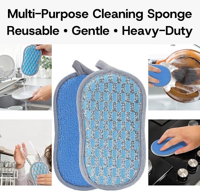 Multi-Purpose Scrub Sponges Kitchen – 12 Pack Dish Sponge, Dual-Sided Non-Scratch Microfiber & Metal Scrubber, Reusable Sponges for Dishes, Pots, Glass, Sink, Stovetop & Bathroom (Blue)